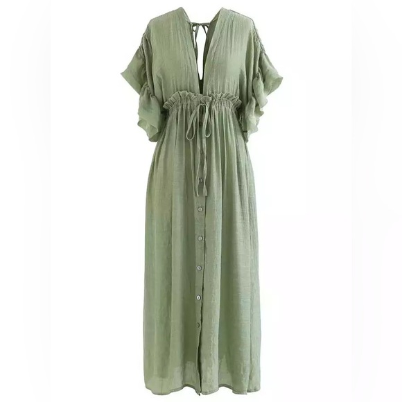 Bohemian Green Long Gauze Boho Shell Button Flutter Maxi Dress, Beach Dress - Picture 5 of 5